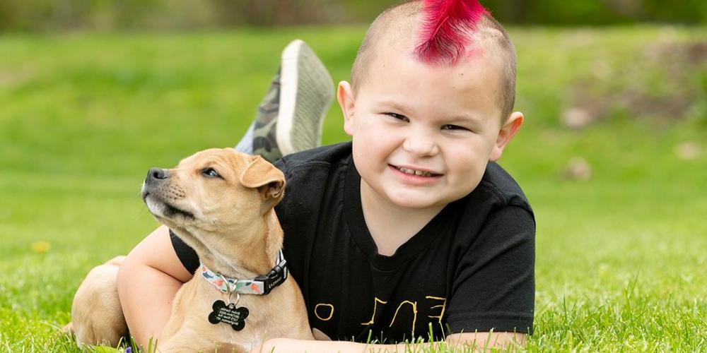 Enzo Gentile, now 5, wears an “Enzo Strong” shirt while playing with his puppy, Tank. (photo by Robert Mescavage)